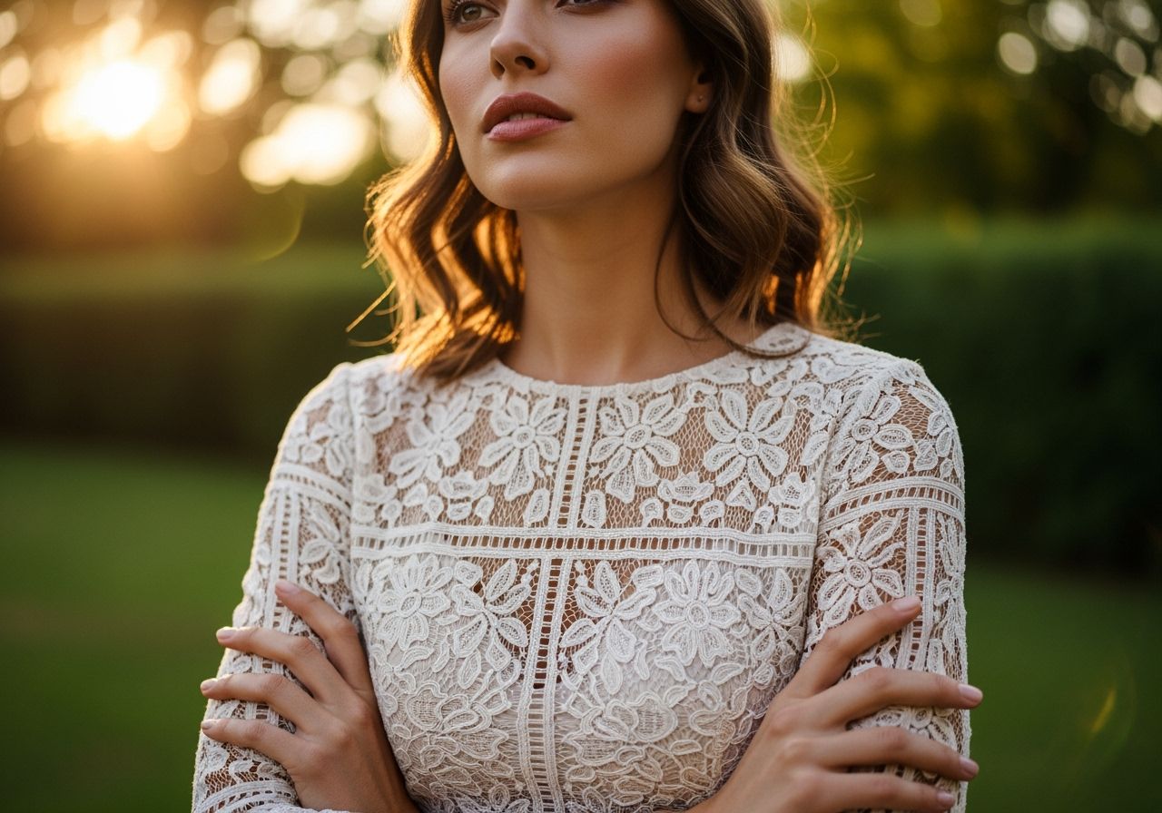 žena v krajkové blůze stojí v zahradě za světla večera