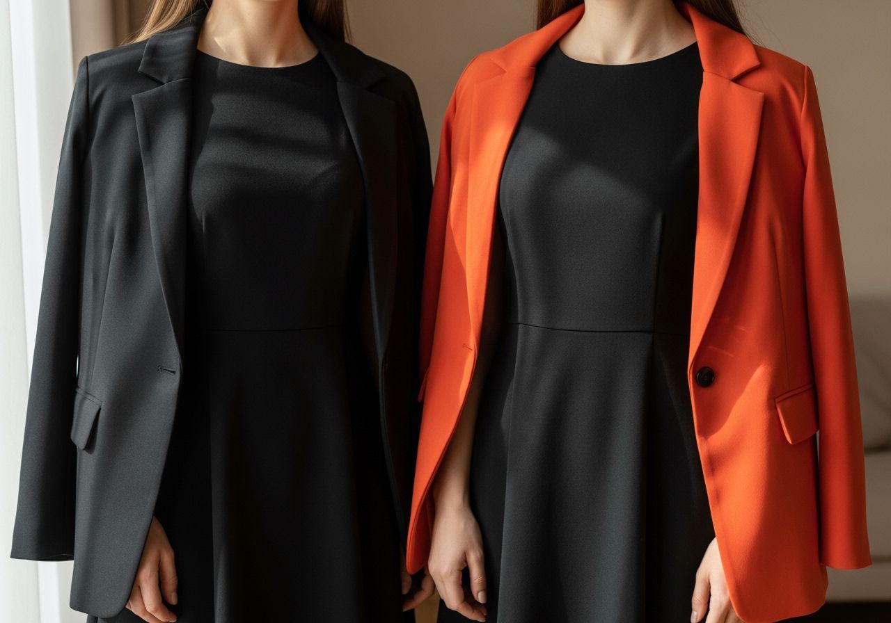 žena v černých šatech a saku stojí na neutrálním pozadí