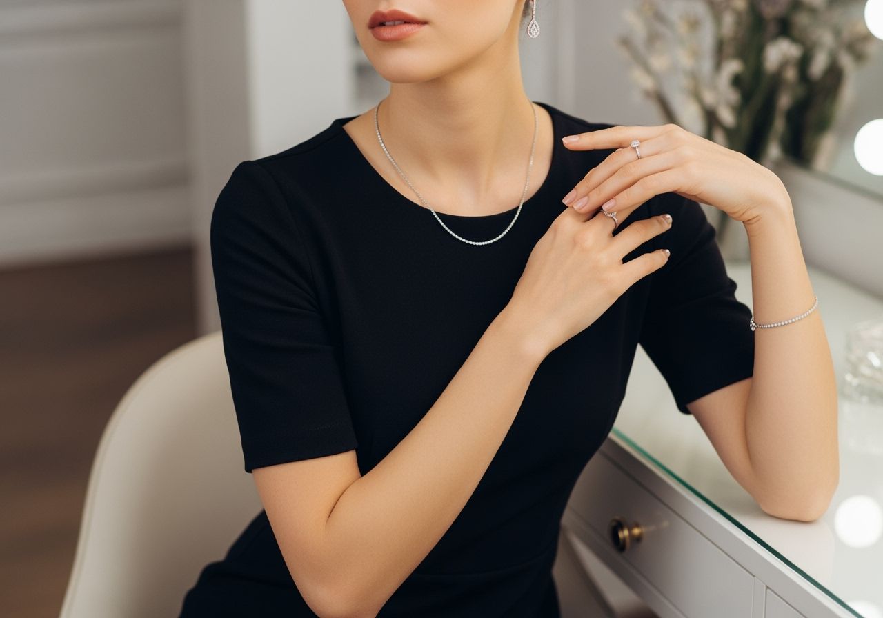 žena v šatech s elegantním šperkem představuje styl a krásu