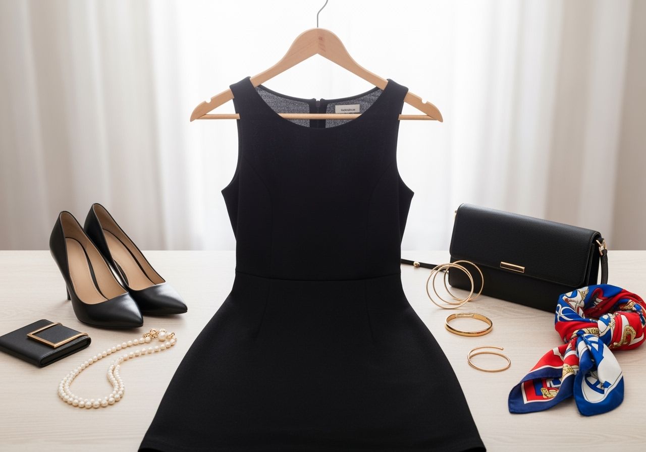 malé černé šaty s módními doplňky na bílem pozadí