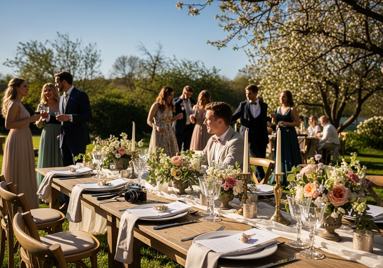 venkovní svatební stůl připravený pro hosty s dekoracemi a nádobím na letní oslavu
