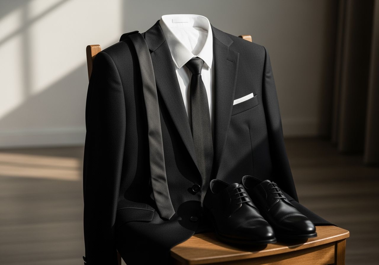 Pohřební oděv zavěšený na židli v jednoduché kompozici symbolizující smutek a vzpomínku