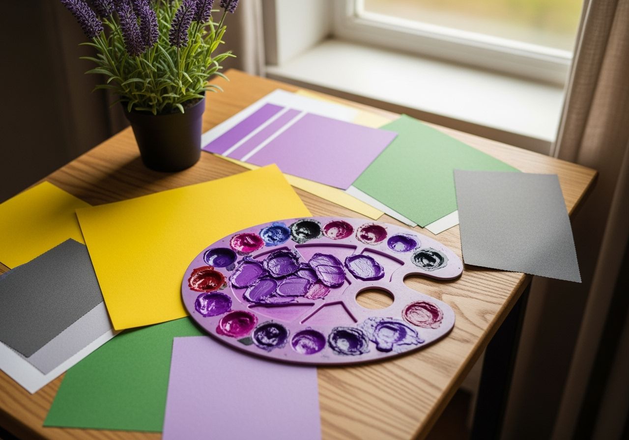 fialová barevná kompozice v uměleckém studiu s různými materiály a nástroji