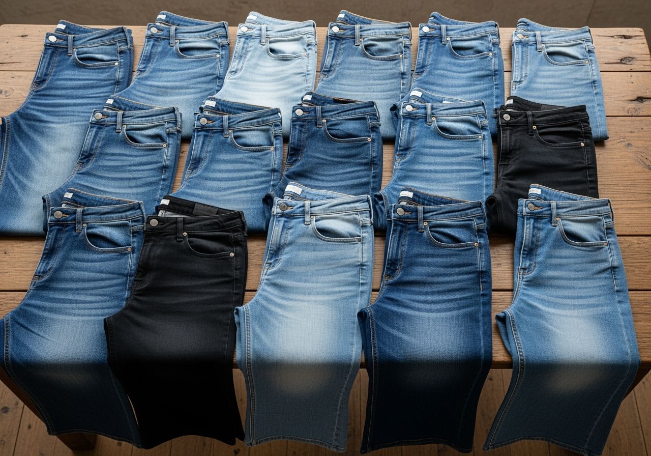 Různé styly džínů rozložené na stole v řadě vedle sebe