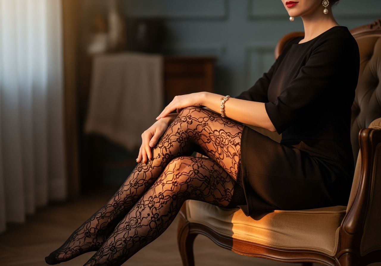 žena v černých šatech a punčochách stojící na bílém pozadí