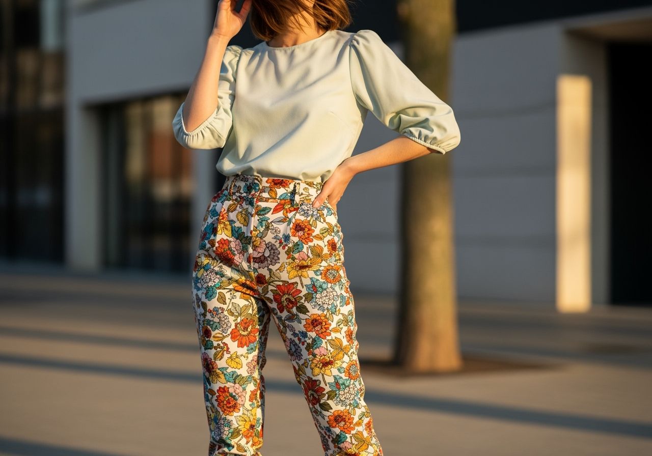 Žena v květinových kalhotách a jemné halence na bílém pozadí