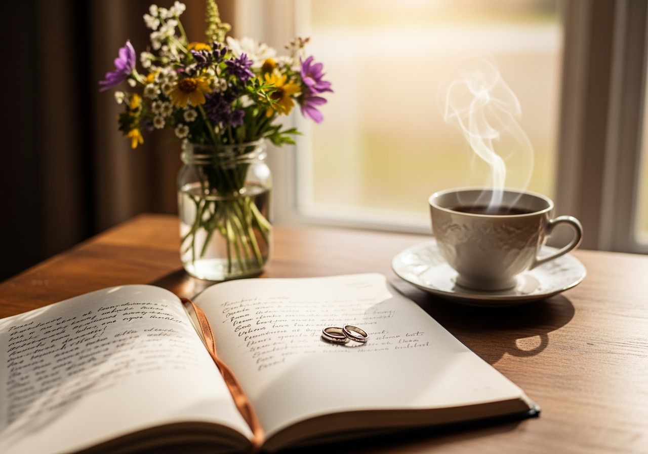 Notebook, káva a prstýnky symbolizující lásku na stole