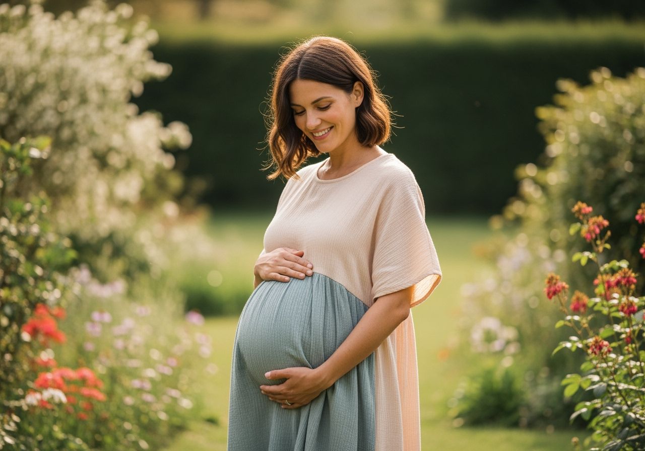 Těhotná žena sedí v zahradě a užívá si klidné chvíle venku