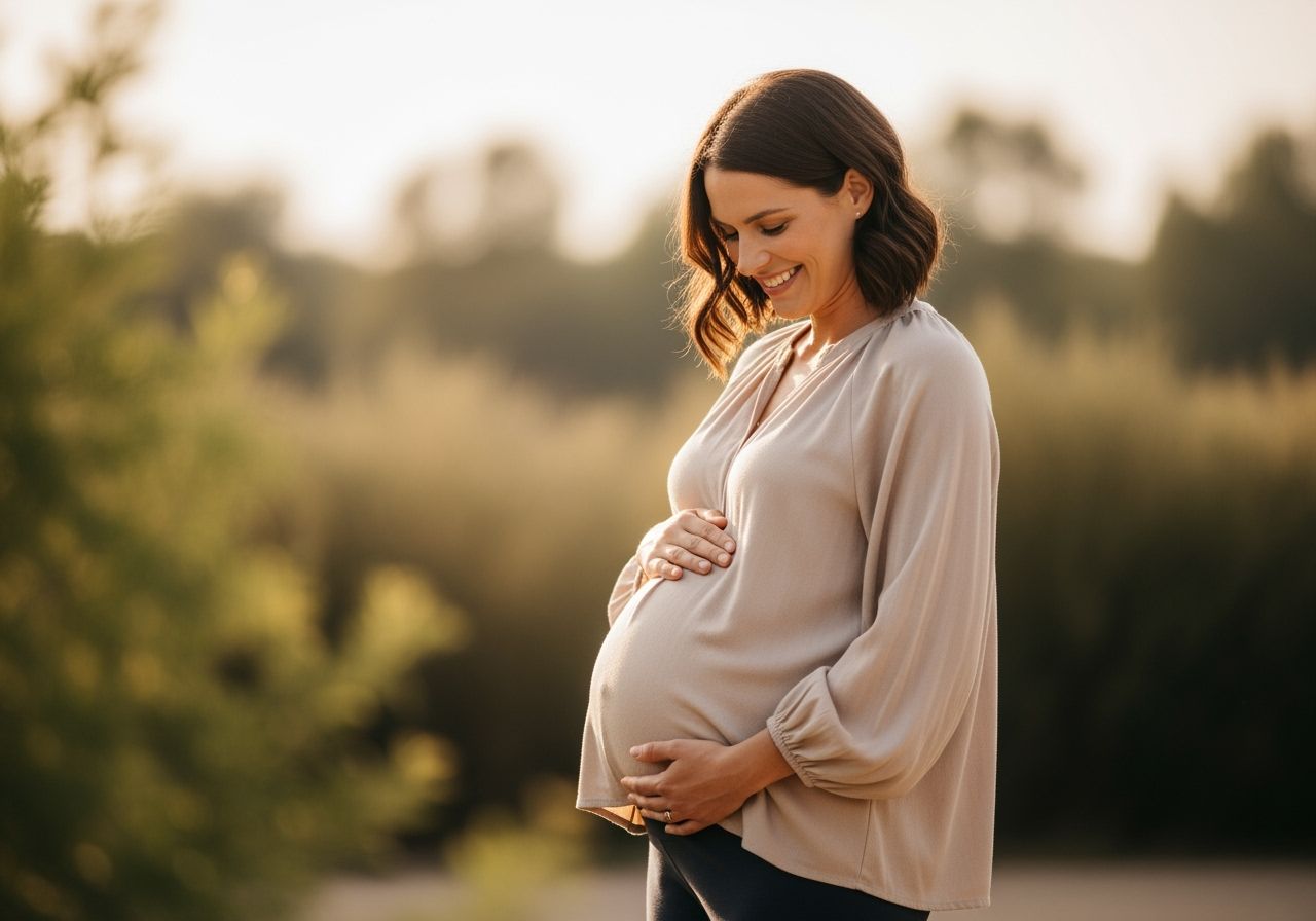 těhotná žena venku drží za břicho s láskou a klidem v přírodě