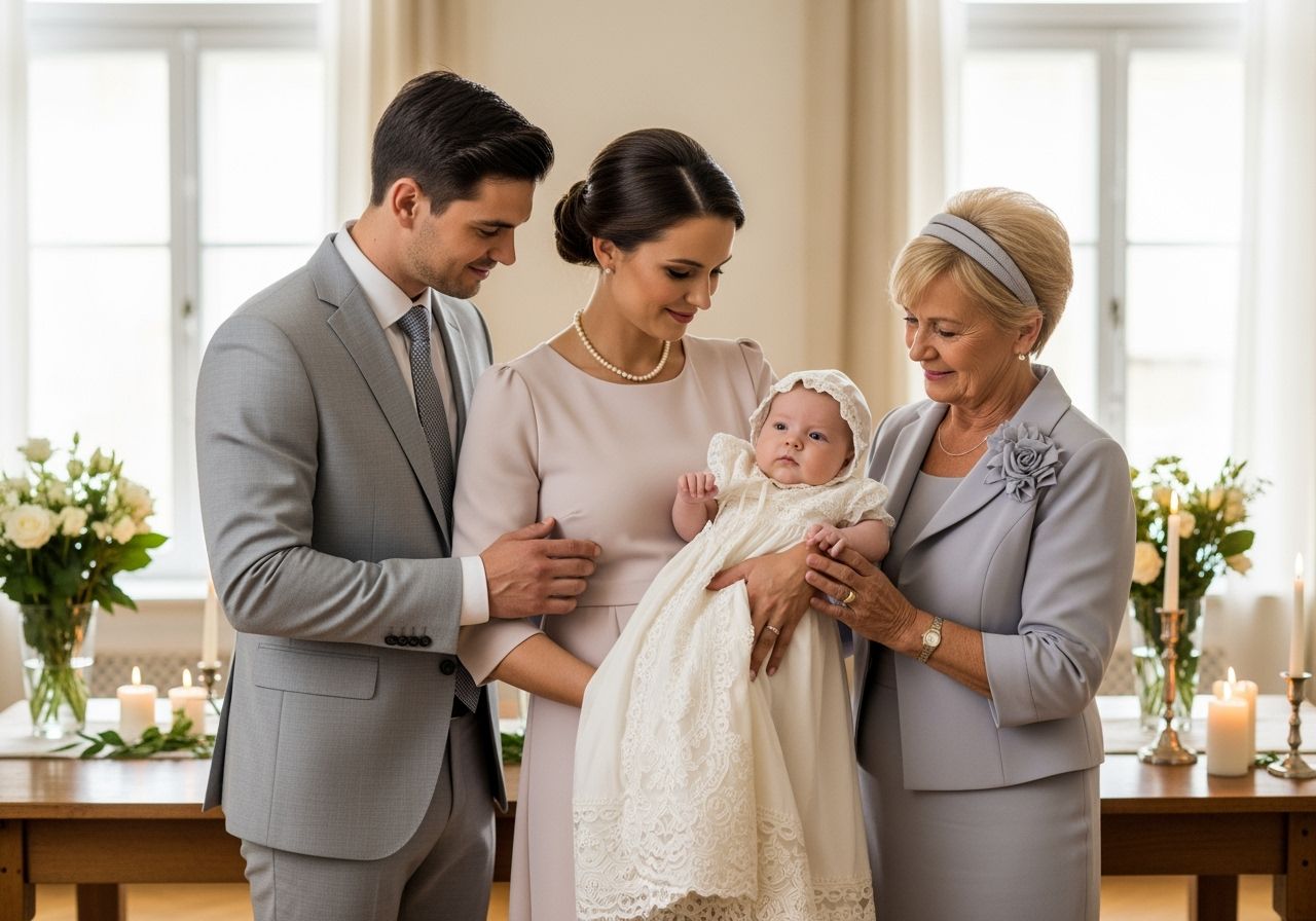 Rodina slaví křest dítěte doma plná radosti a společného štěstí