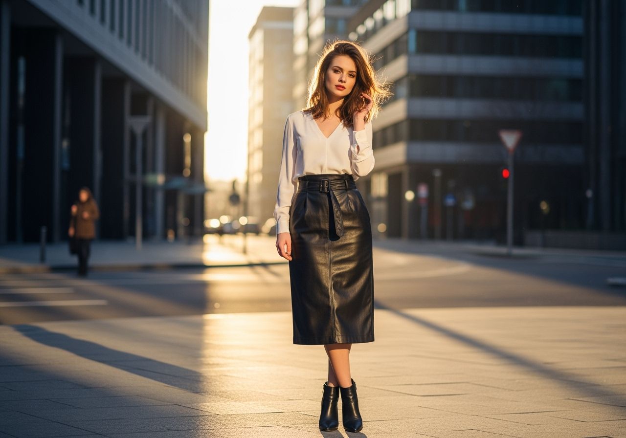 Mladá žena v černé kožené sukni a bílé blůze stojí na městské ulici za zlaté hodiny