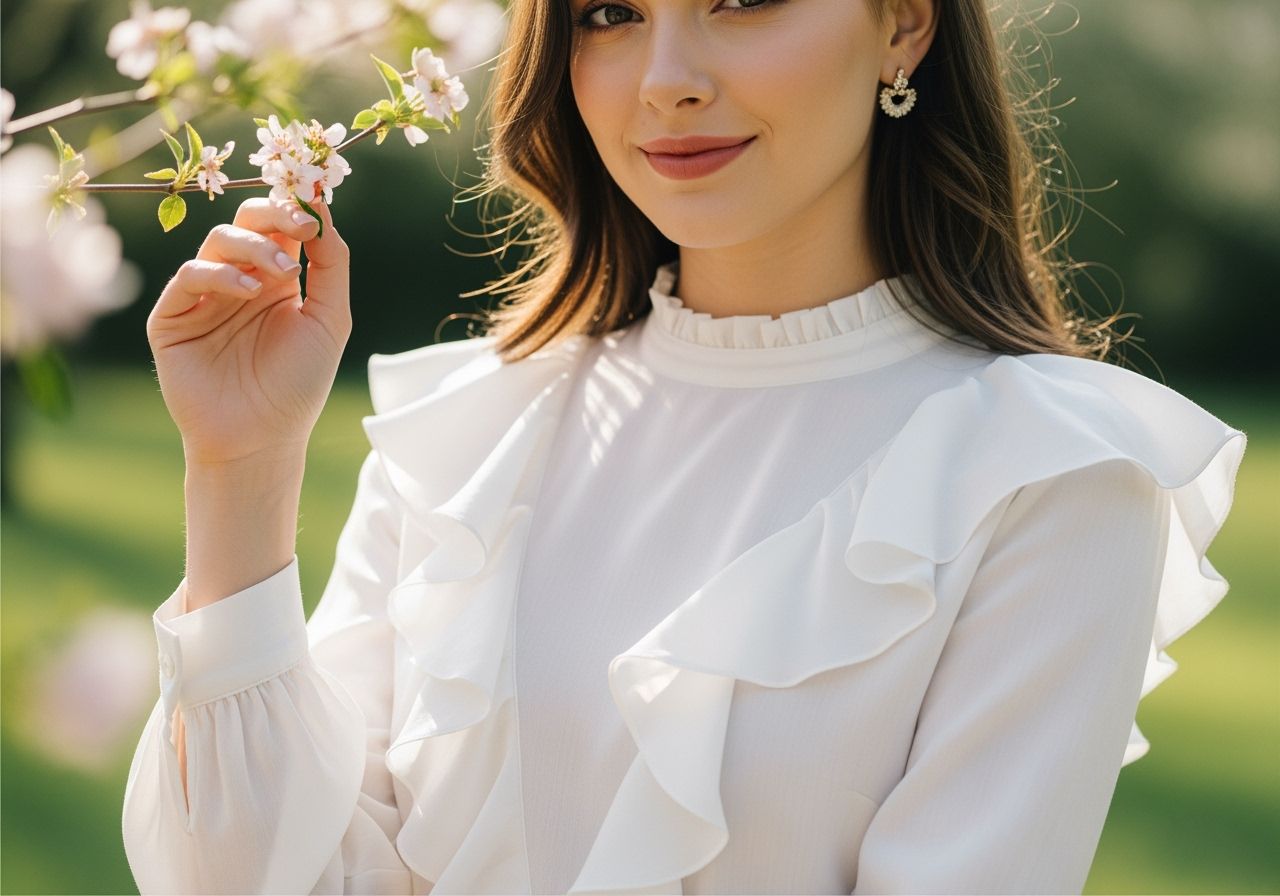 Mladá žena venku v bílé blůze s volány, jemný úsměv, rozmazaná zeleň a květiny v pozadí