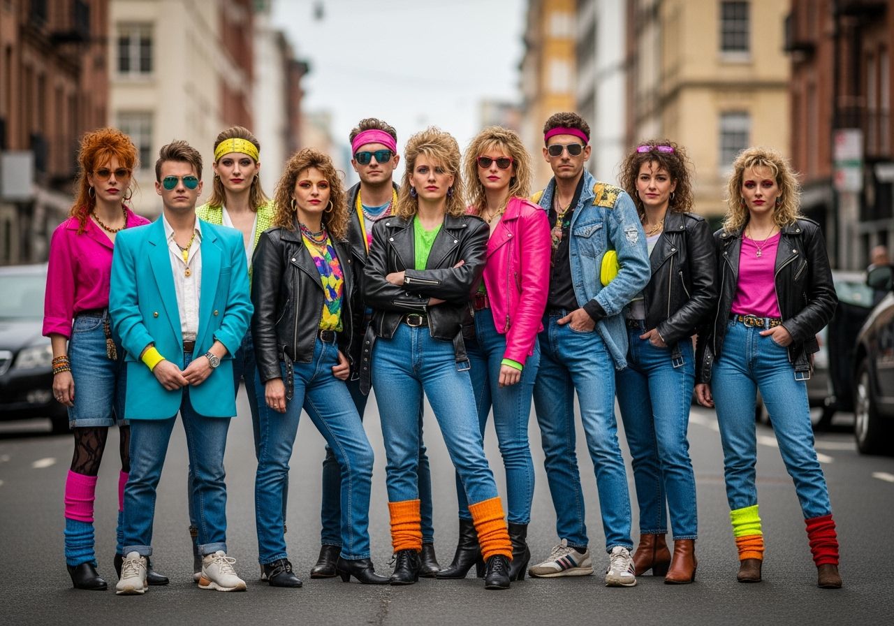 Skupina lidí v 80. letech na ulici v typickém oblečení a doplňcích, denní světlo, městské prostředí.