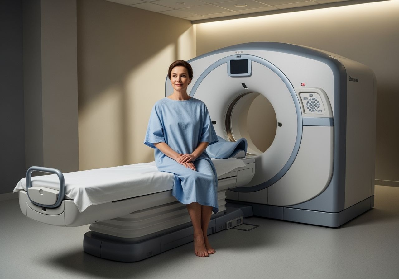 Žena sedí na lůžku v moderní ordinaci před CT skenerem připravená k vyšetření.