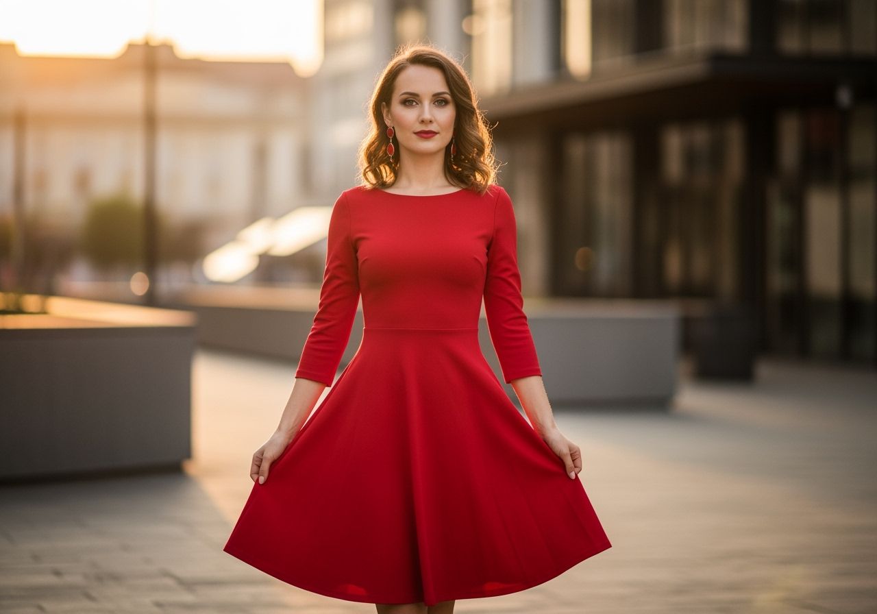 Žena v červených šatech stojí ve městě za zlaté hodiny, s uvolněným postojem a rozmazaným pozadím.