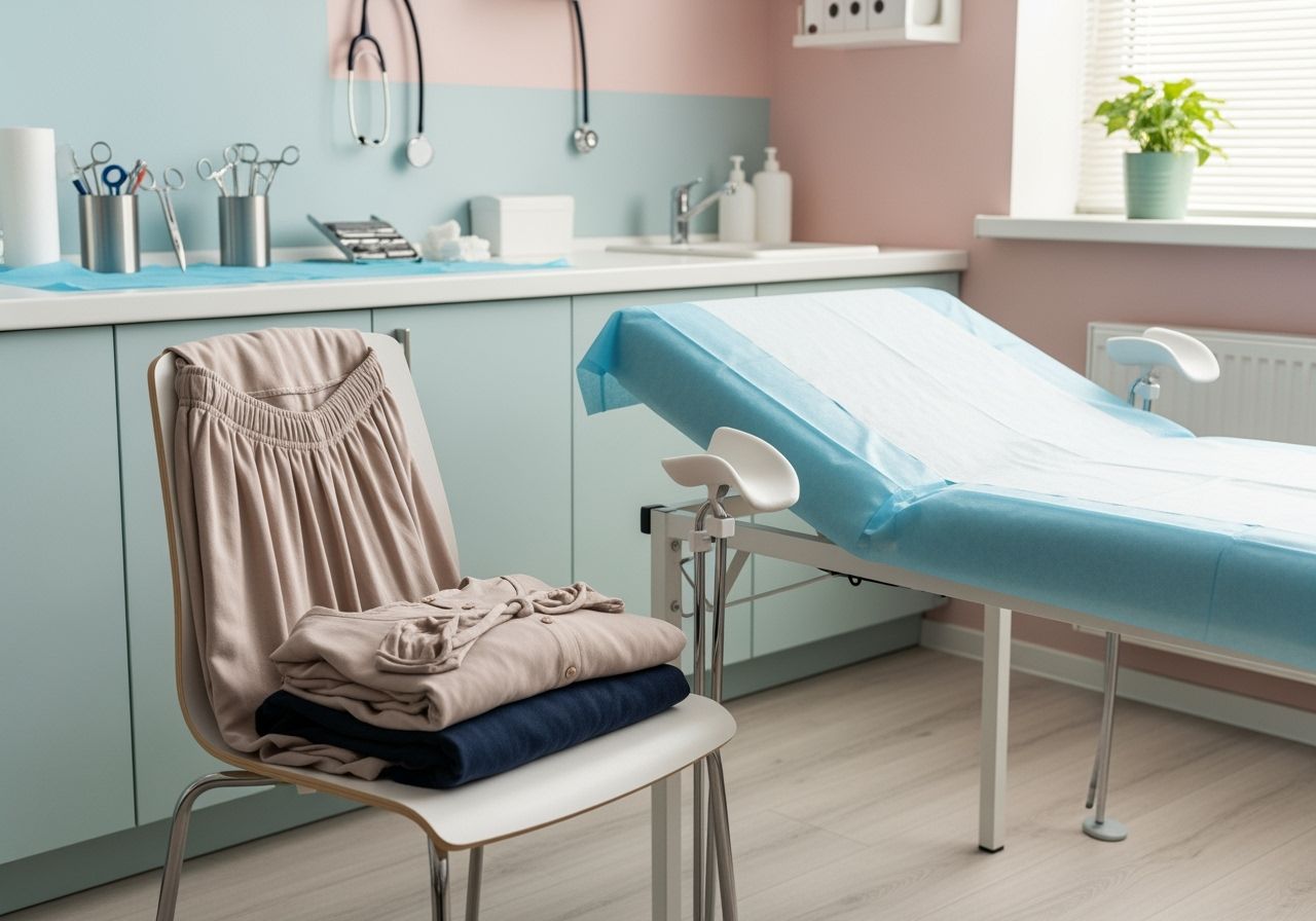 Moderní gynekologická ordinace s pohodlným oblečením na židli vedle vyšetřovacího stolu