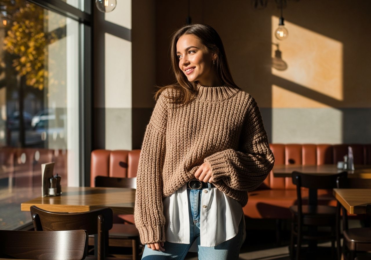 Stylová žena v městské kavárně v oversized svetru, bílé košili a džínách, podzim venku za oknem.