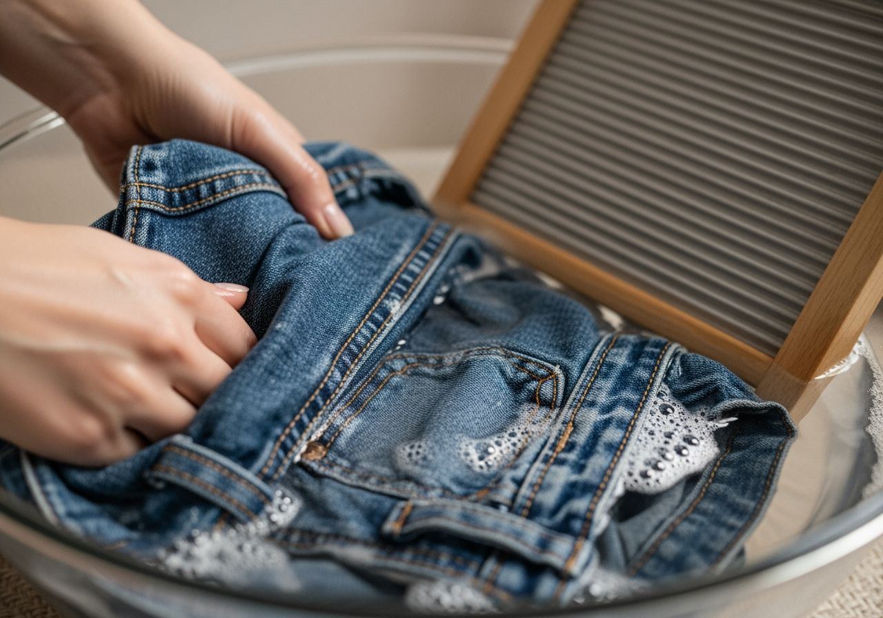 Modré džíny namáčené ve vodě s mýdlovými bublinami a ruční praní na praní škrabce