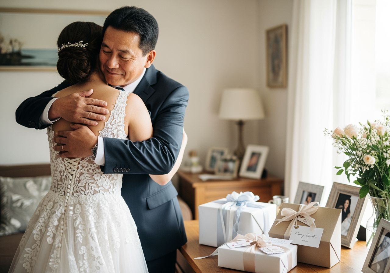Otec objímá dceru v svatebních šatech v pokojí s dárky a rodinnými fotografiemi v pozadí.