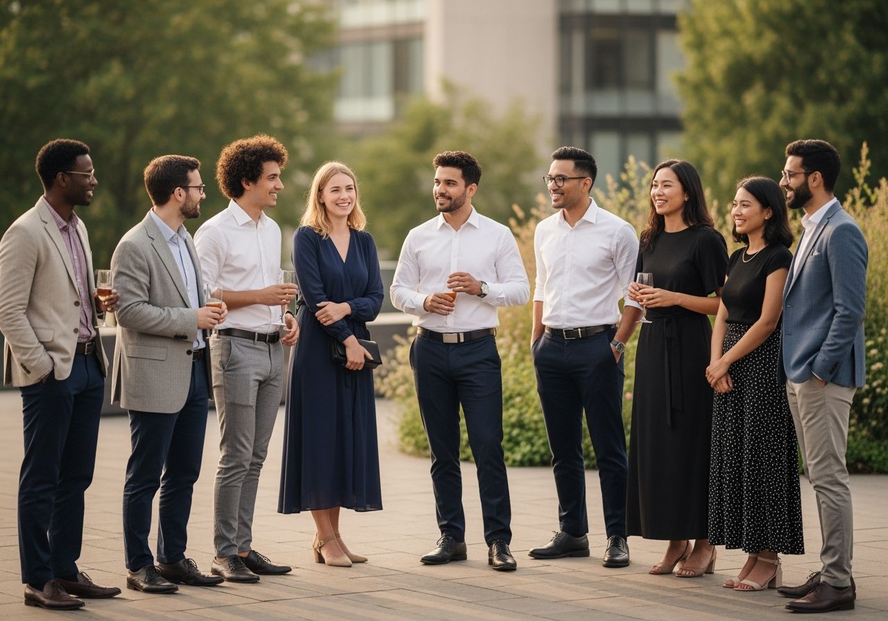 Skupina mladých dospělých ve městě na setkání, oblečených do elegantního neformálního oblečení, usmívají se.