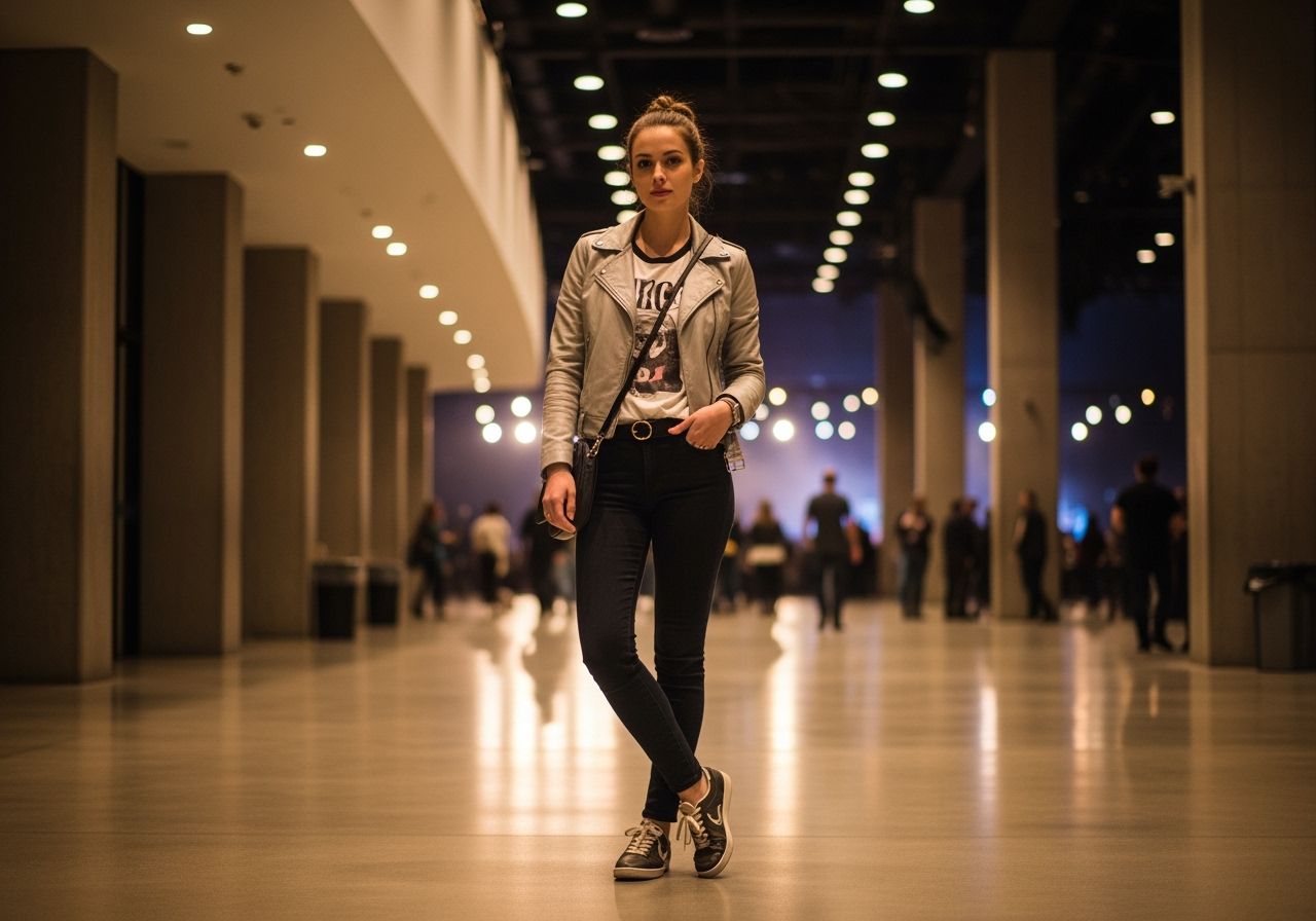 Mladá žena v moderní koncertní hale v kožené bundě, tričku a teniskách, s taškou přes rameno.