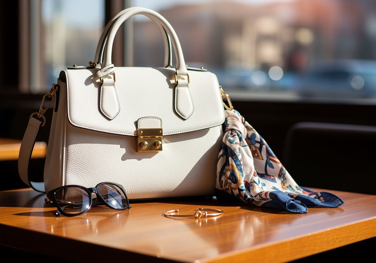 Bílá kožená kabelka na stole s módními doplňky, v pozadí kavárna s rozostřeným městem.