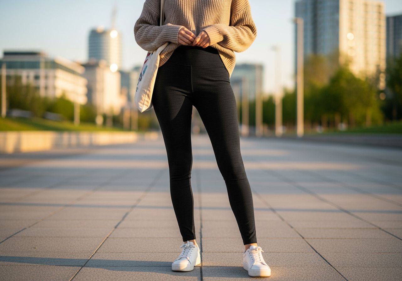 Mladá žena v černých legínách a oversized svetru stojí ve městě při zlaté hodině s taškou.