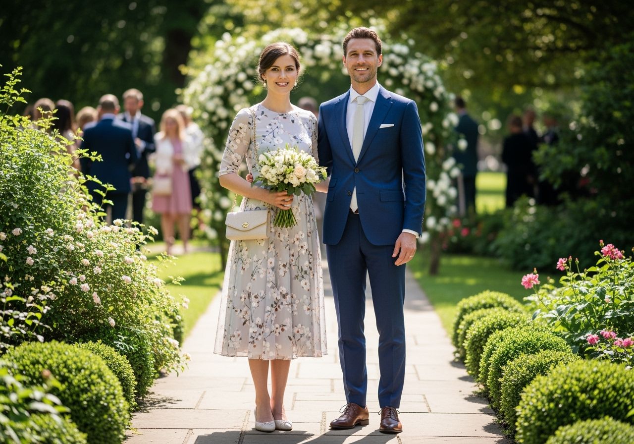 Stylově oblečený pár na venkovní svatbě v zahradě, žena v šatech, muž v tmavém obleku, denní světlo