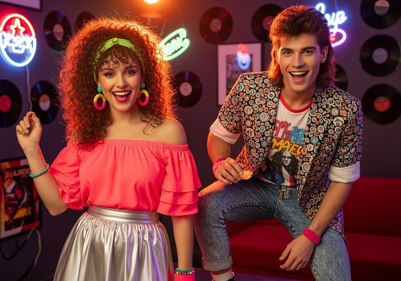 Mladý pár na 80. léta oslavě v barevných retro modech s neonovými světly a disko dekoracemi.