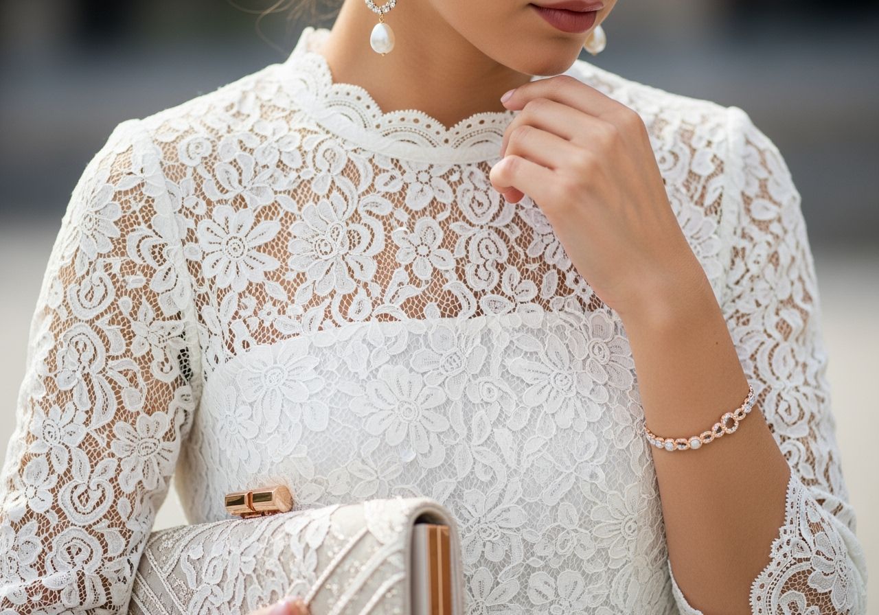 Žena v bílé krajkové šatech s perlovými náušnicemi, zlatým náramkem a stylovou kabelkou.