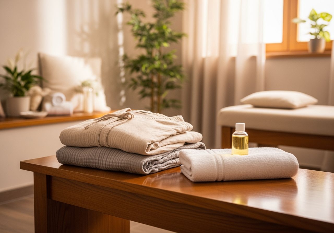 Pokoj v lázních s oblečením, ručníkem a olejem na dřevěné lavici, jemné světlo a rostliny.
