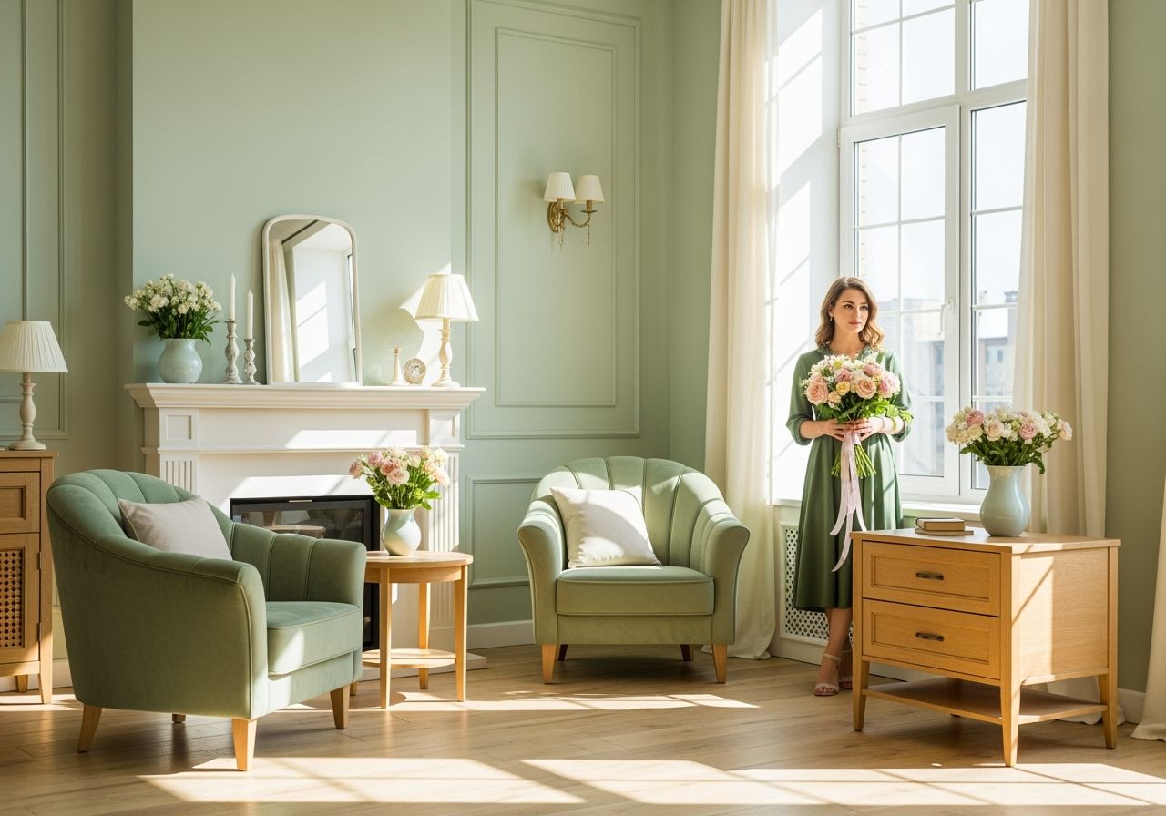 Žena v pistáciových šatech u okna v obývacím pokoji s pistáciovými stěnami a nábytkem.