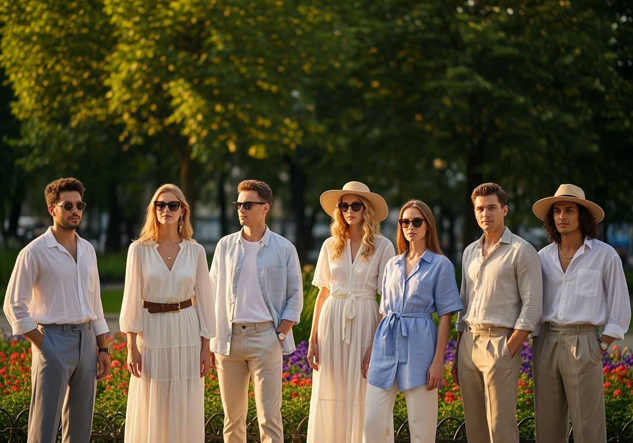 Skupina mladých lidí v letním oblečení v parku s zelení a květinami za slunečného dne