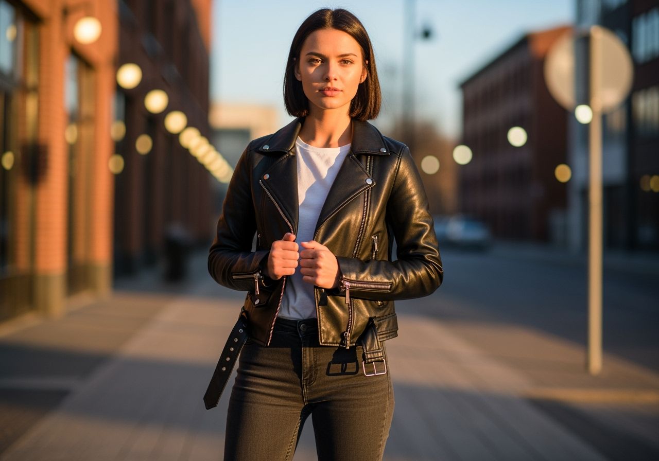 Mladá žena v kožené bundě stojí na městské ulici za zlaté hodiny v moderním stylu.