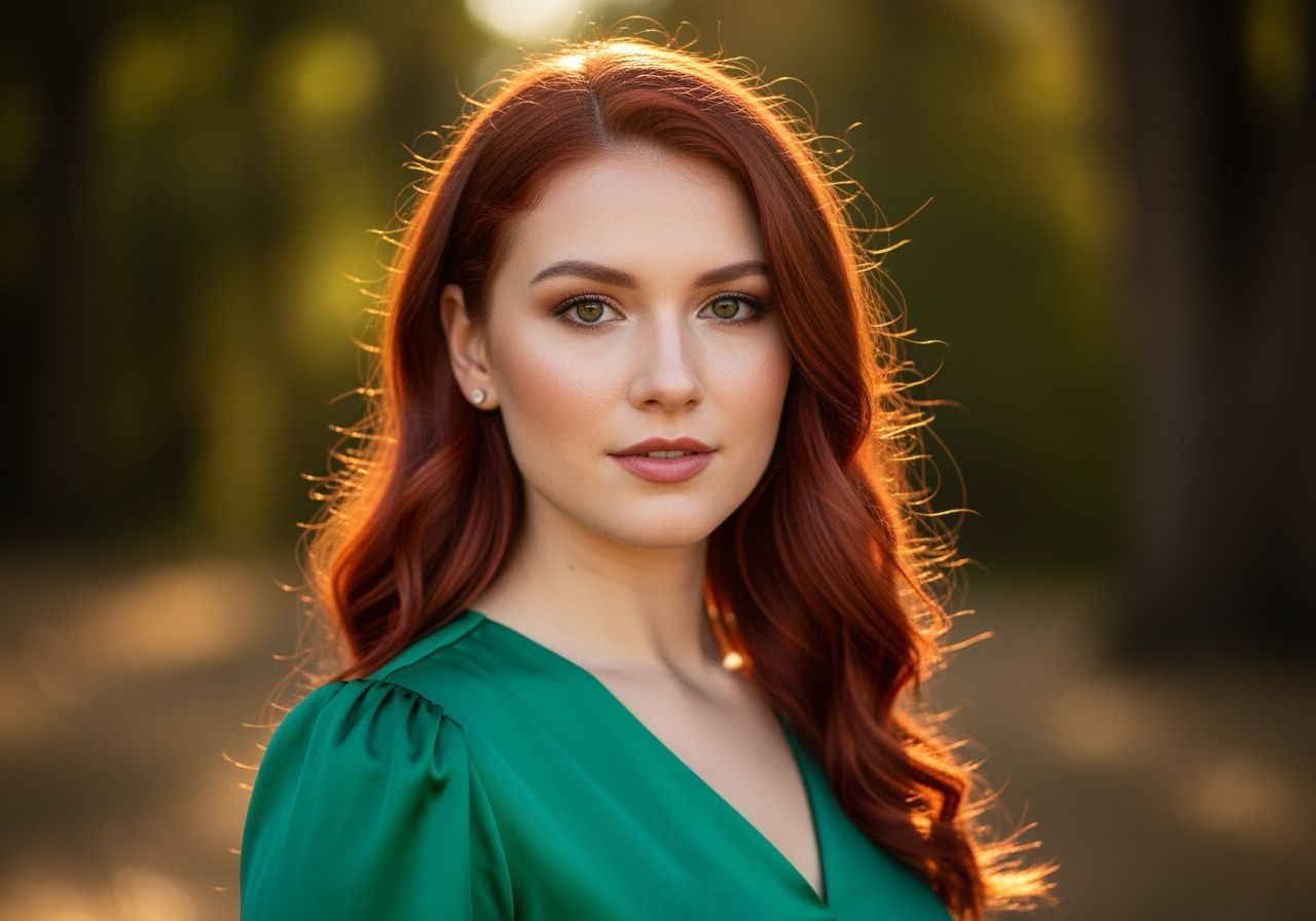 Žena s červenými vlasy v zelených šatech na rozostřeném přírodním pozadí ve slunečním světle