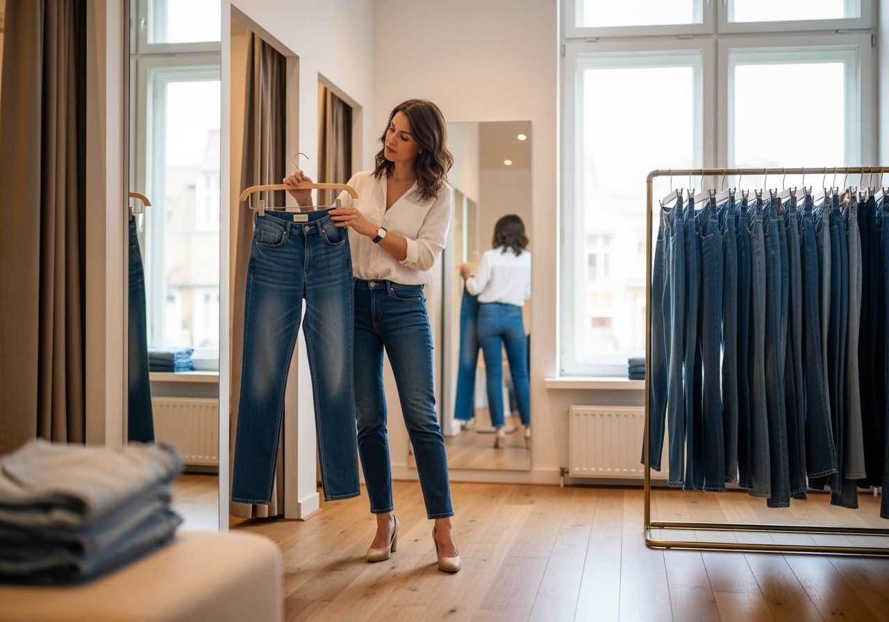 Žena v butiku porovnává modré džíny, prosvětlený prostor s dřevěnou podlahou a regály džínů v pozadí