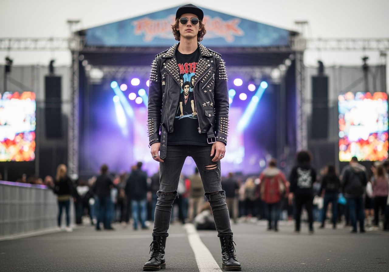 Mladý dospělý v kožené bundě na rockovém koncertě před barevně osvětleným pódiem a davem fanoušků