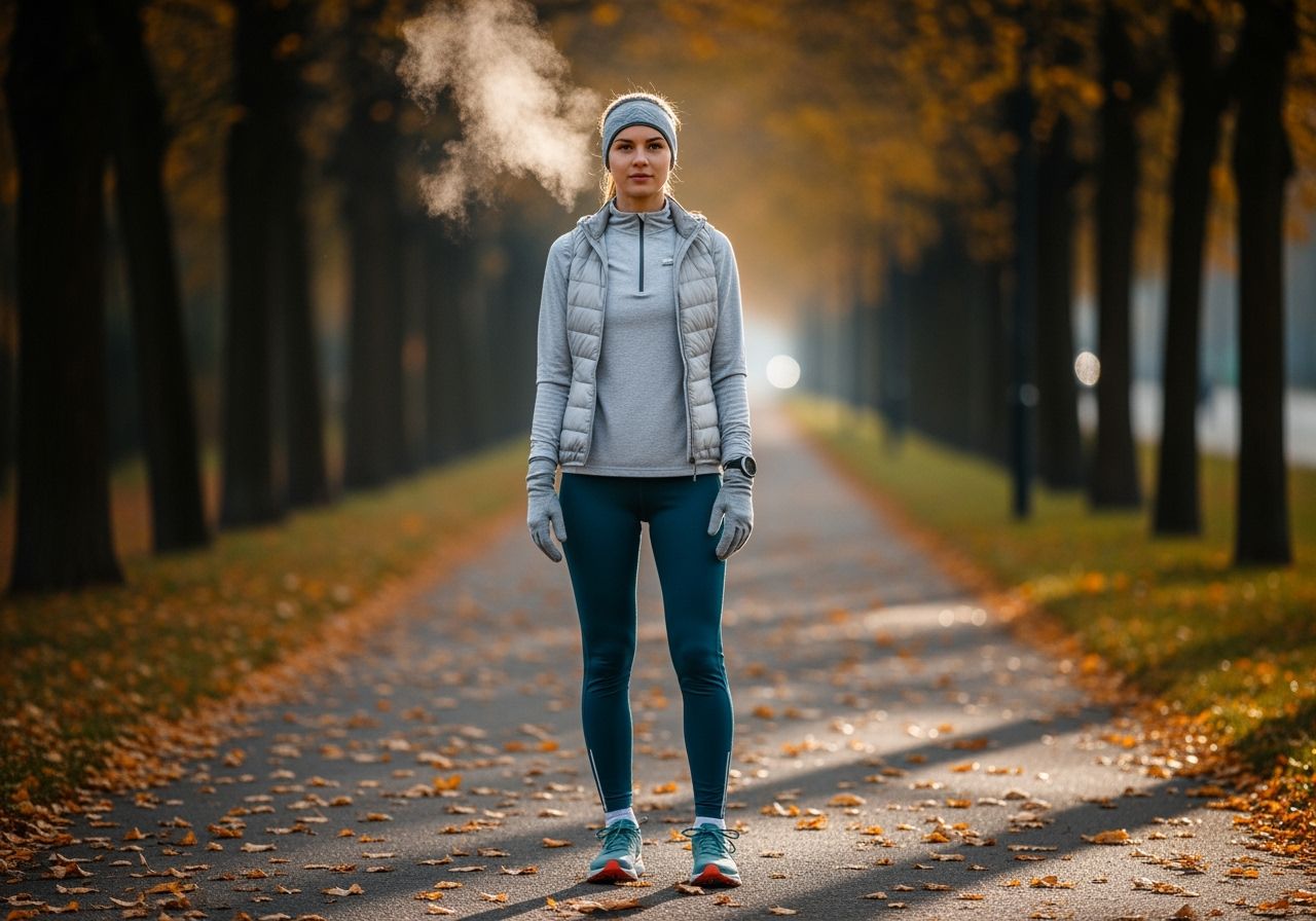 Mladá žena běží v chladném ránu na městské stezce s podzimními listy v pozadí.