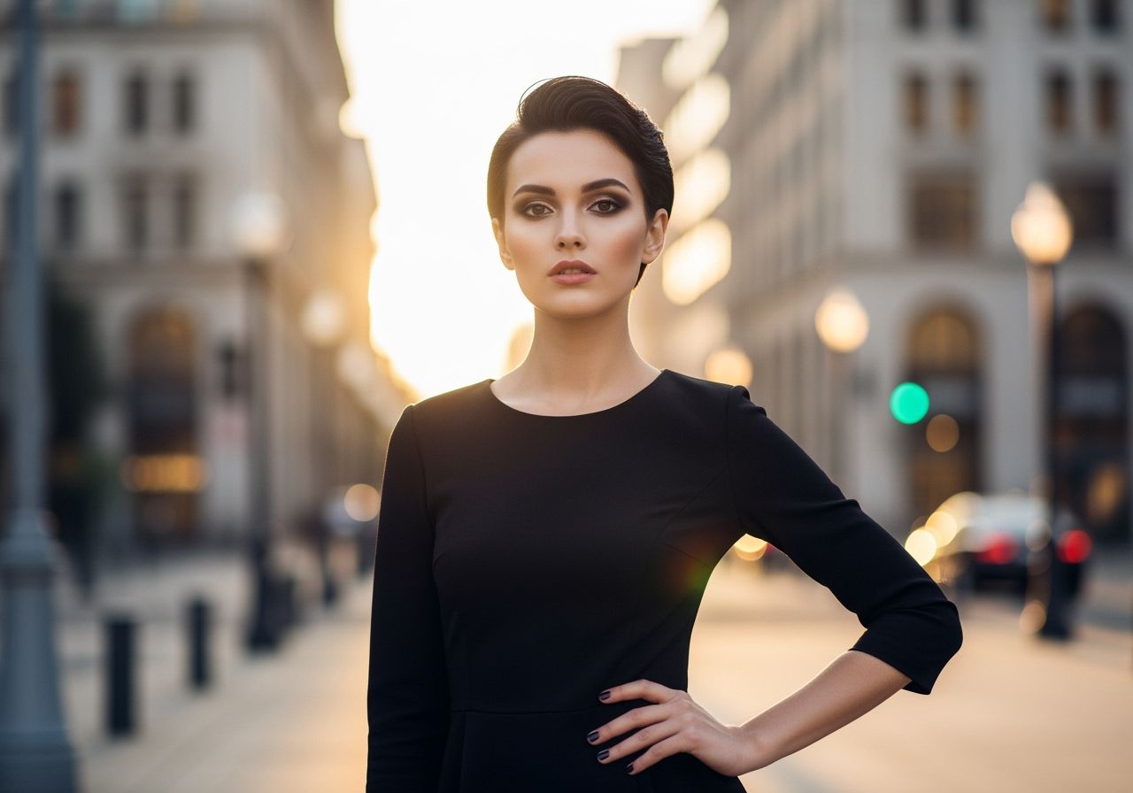 Mladá žena v černých šatech pózuje v městském prostředí za zlaté hodiny světla.