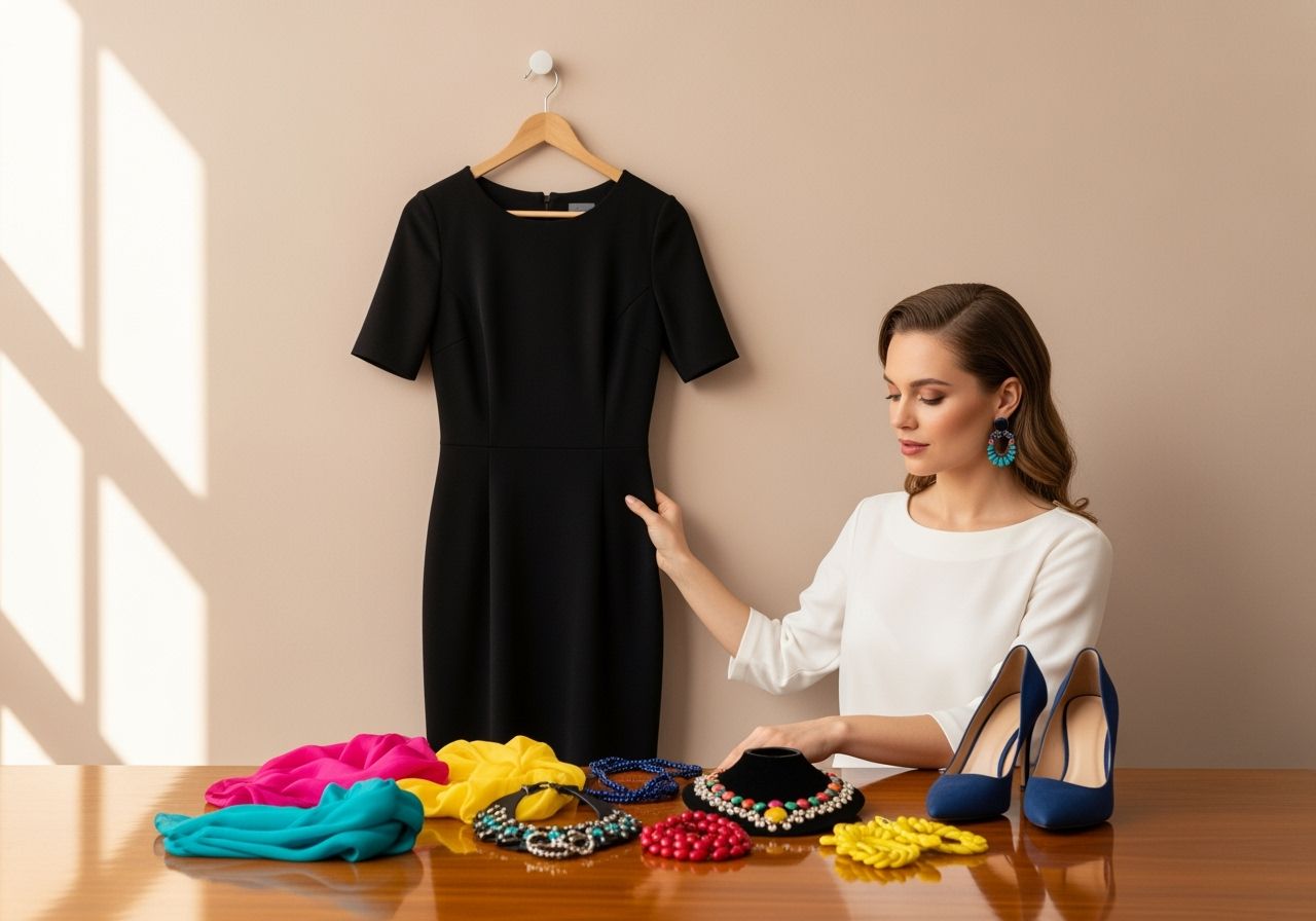 Žena upravuje černé šaty v moderní šatně s barevnými doplňky na lesklém stole.