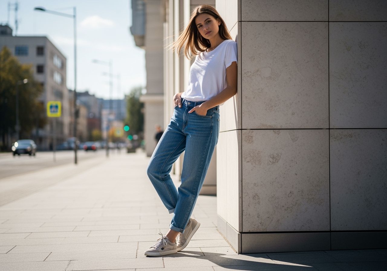 Mladá žena v džínách a bílém tričku opírající se o městskou zeď s rukama v kapsách