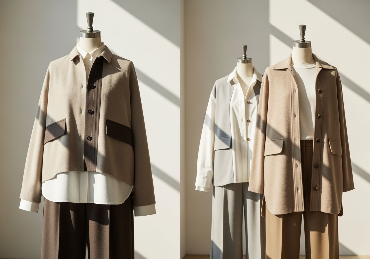 Moderní minimalistický outfit na figuríně v světlém ateliéru s neutrálními tóny a jednoduchým designem