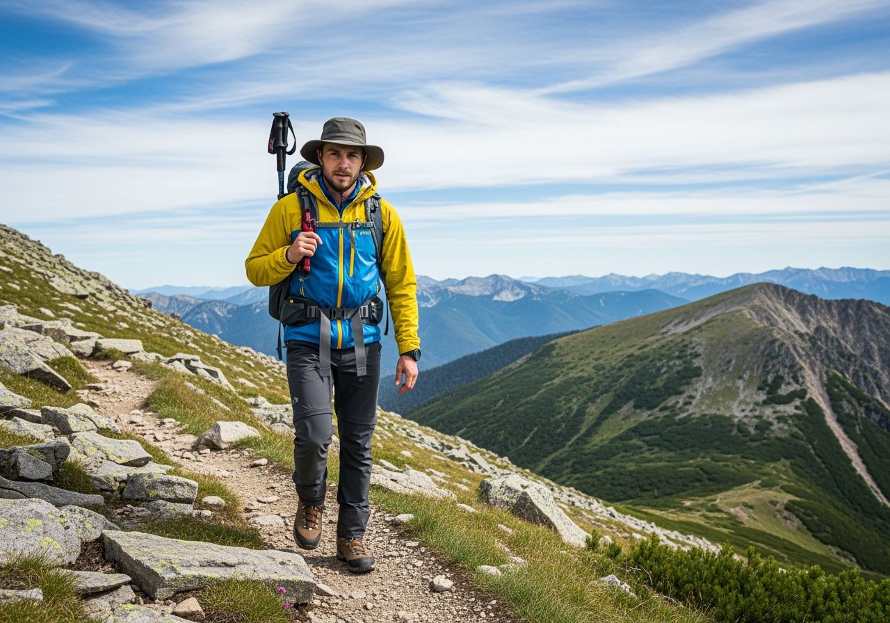 Turista na horské stezce s batohem a trekovými holemi v alpské krajině pod modrou oblohou.