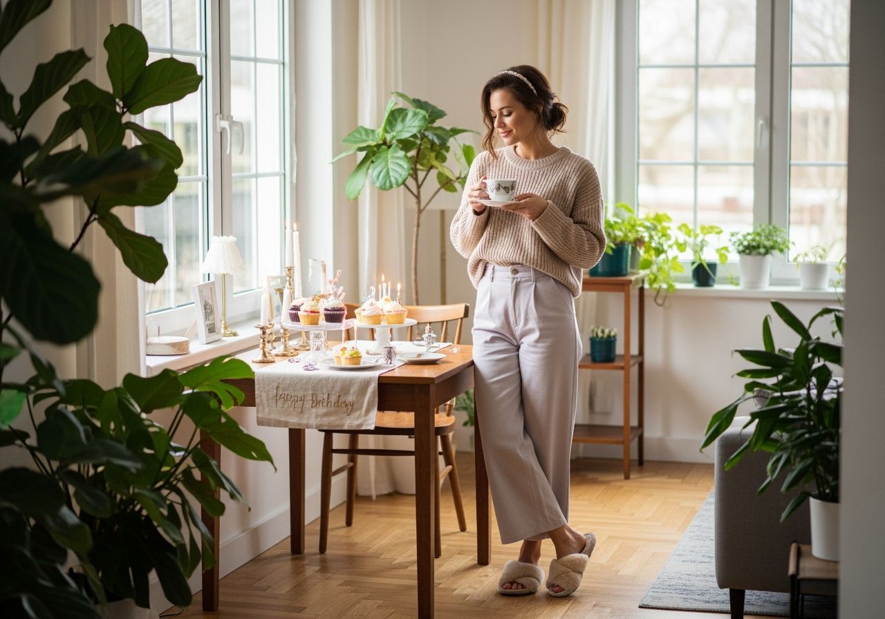 Mladá žena v moderním obýváku drží šálek čaje při narozeninové oslavě u stolu s cupcaky.