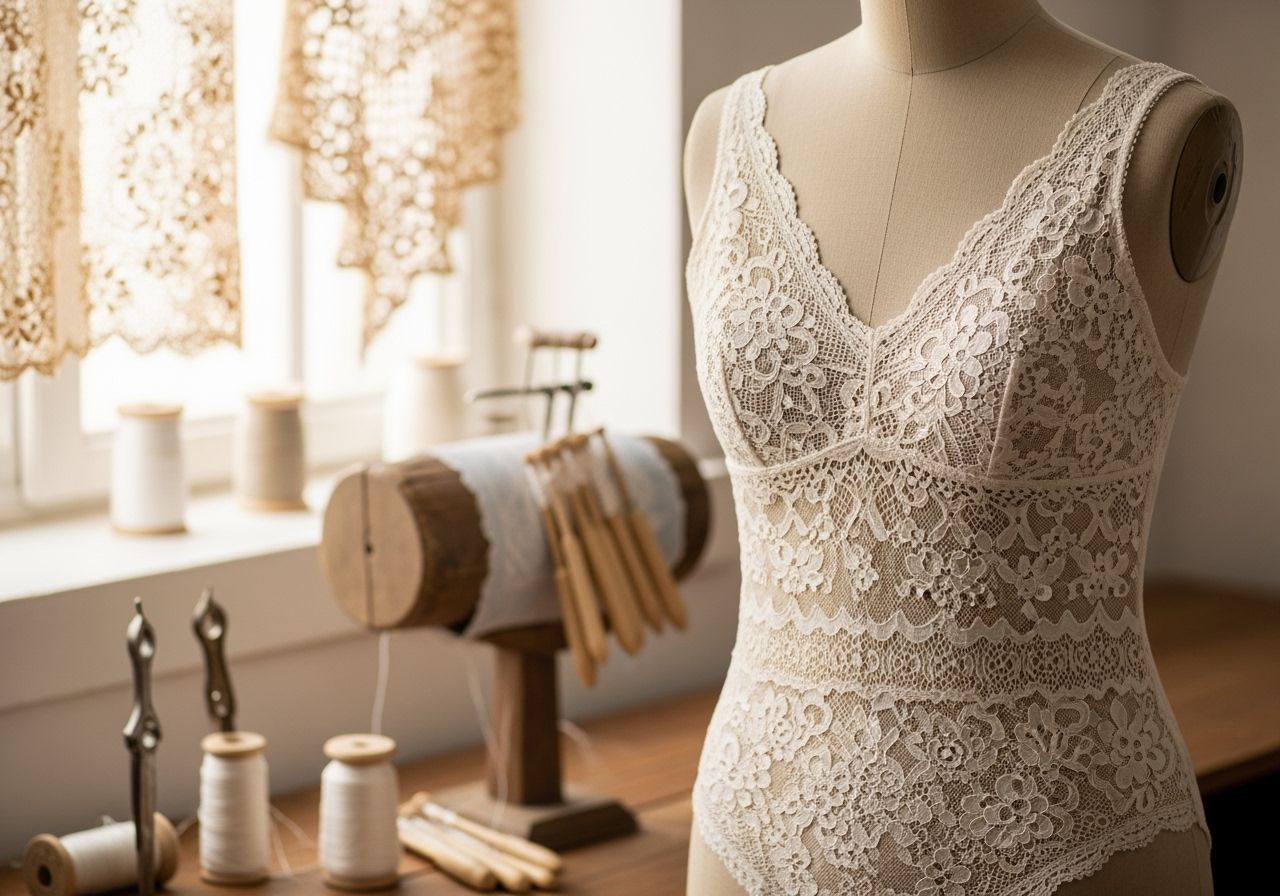 Detailní krajkový body na dřevěném stojanu v dílně s nástroji pro tradiční krajkářství.