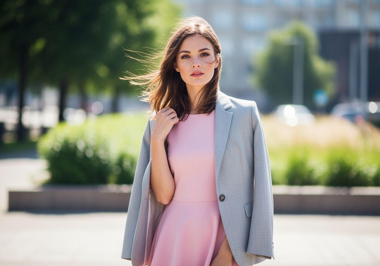 Žena v růžových šatech a šedém saku venku s rozmazaným pozadím zeleně a města