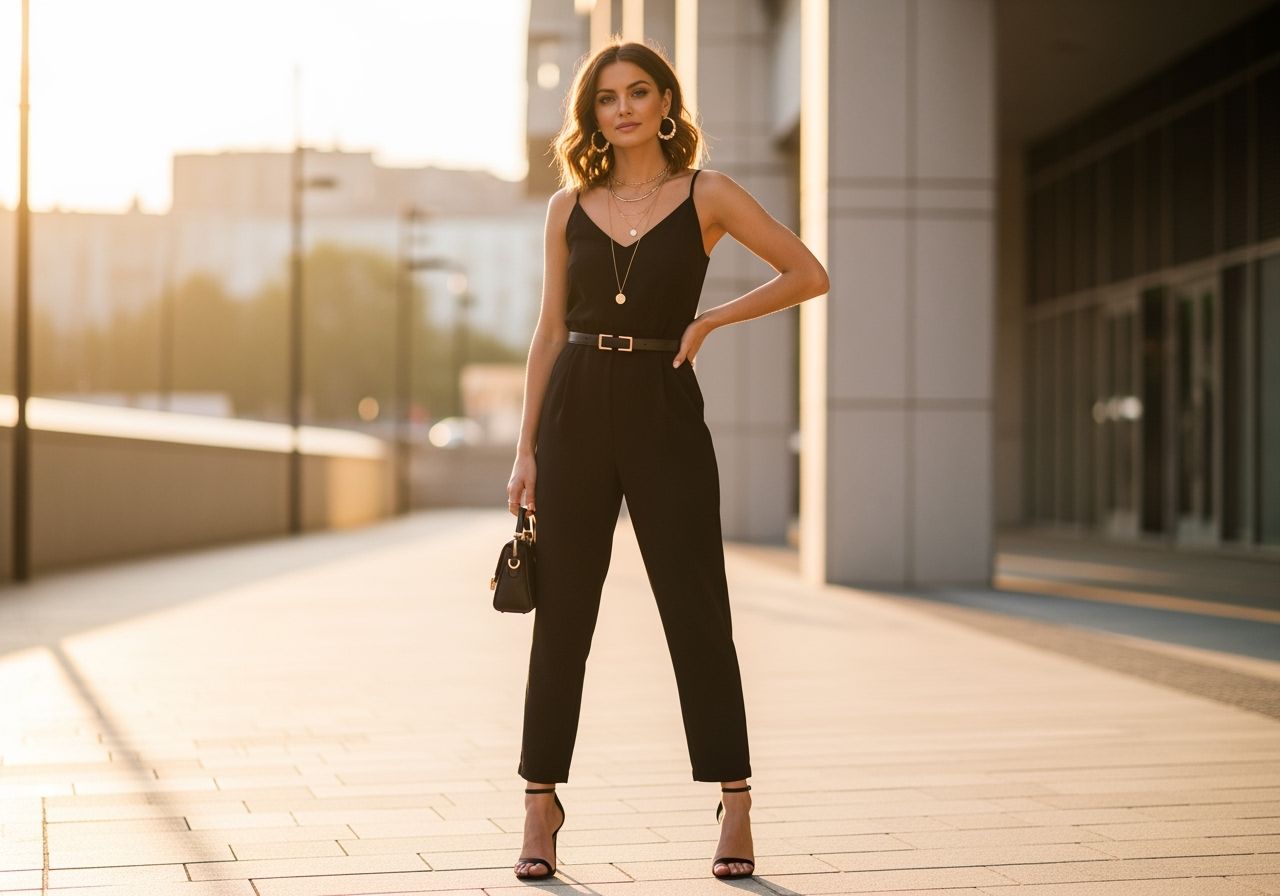 Žena v černém overalu s doplňky stojí v moderním městském prostředí za zlaté hodiny.