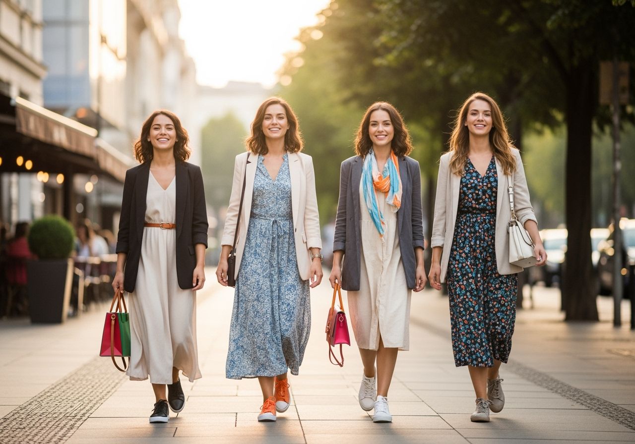Čtyři mladé ženy kráčejí městem v stylovém a pohodlném oblečení během zlaté hodiny.