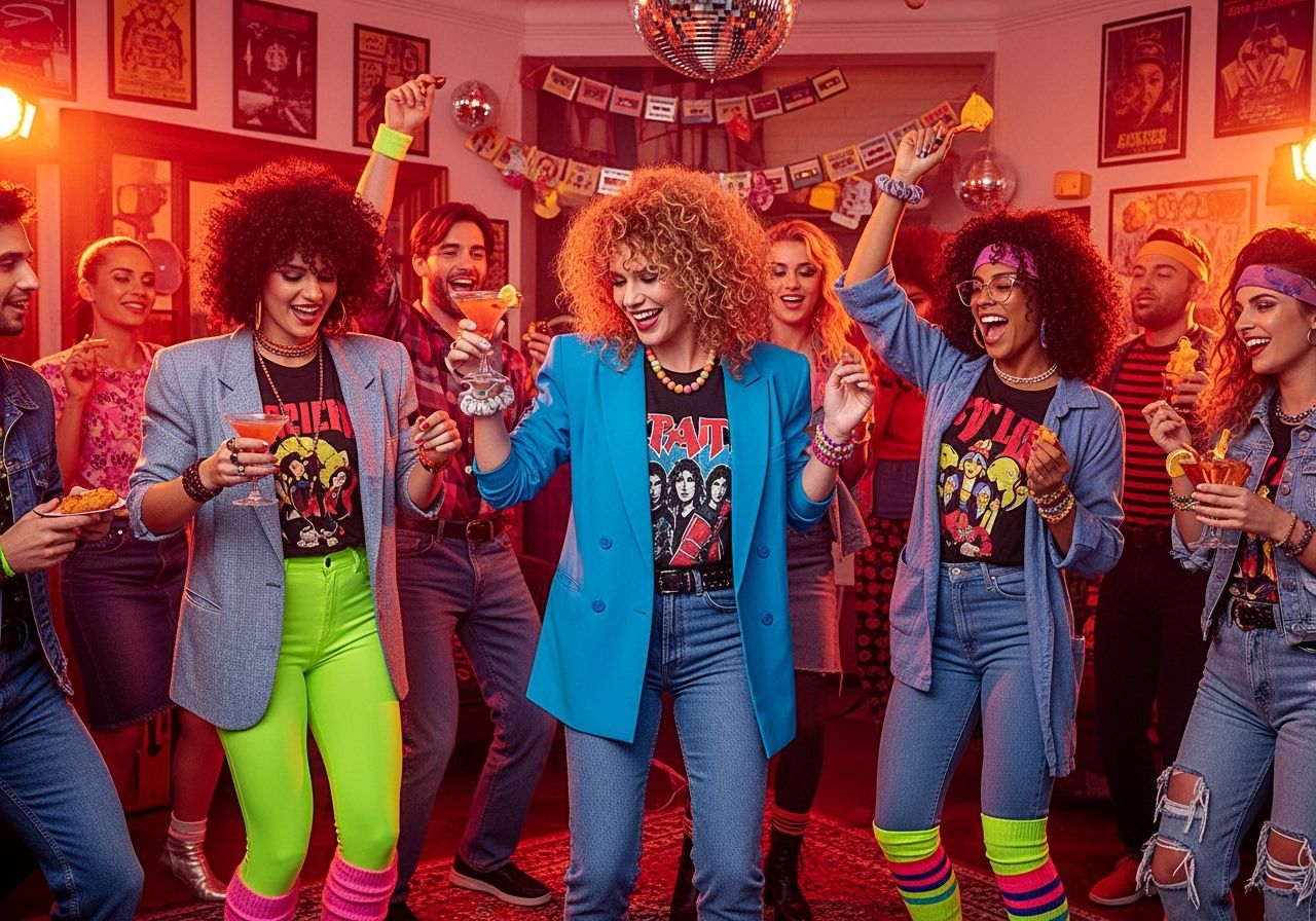 Skupina mladých lidí v 80. letech oblečených v neonovém oblečení na párty s retro dekoracemi.