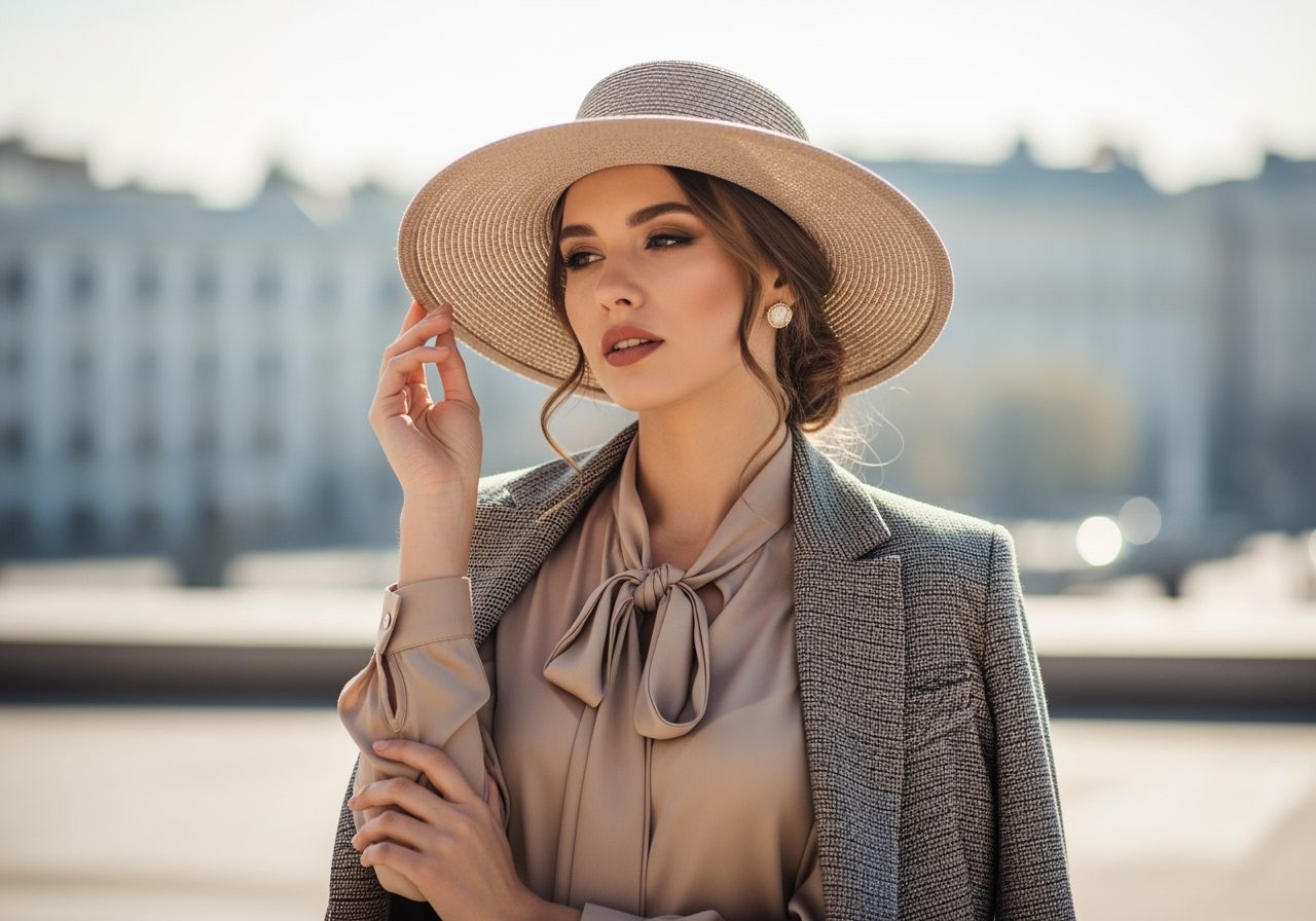 Mladá žena venku s kloboukem, sako a hedvábnou blůzou, s městským pozadím v teplém světle.